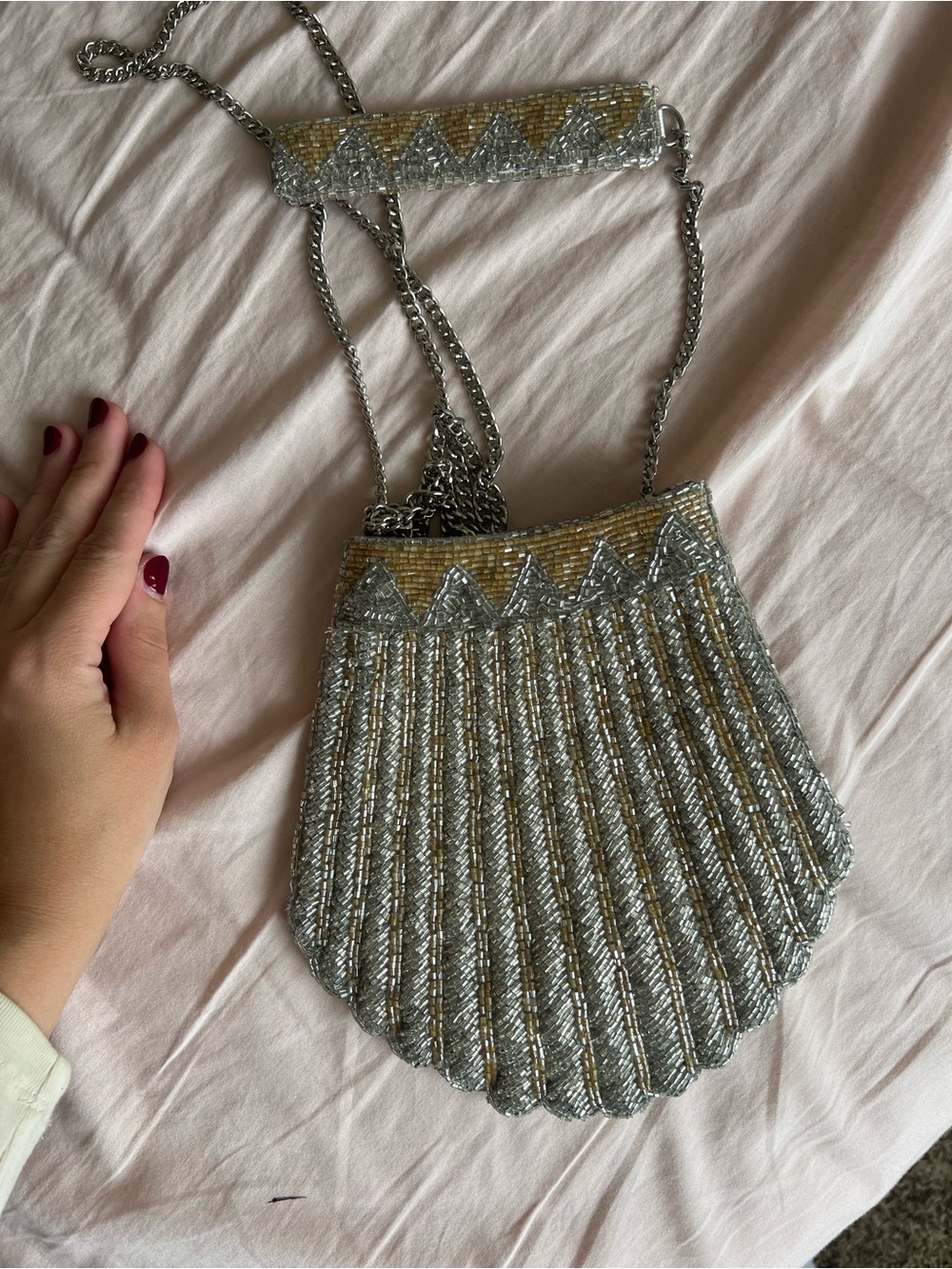 Zara Silver & Gold Beaded 🐚 Evening Clutch with Chain Strap - Picture 8 of 9